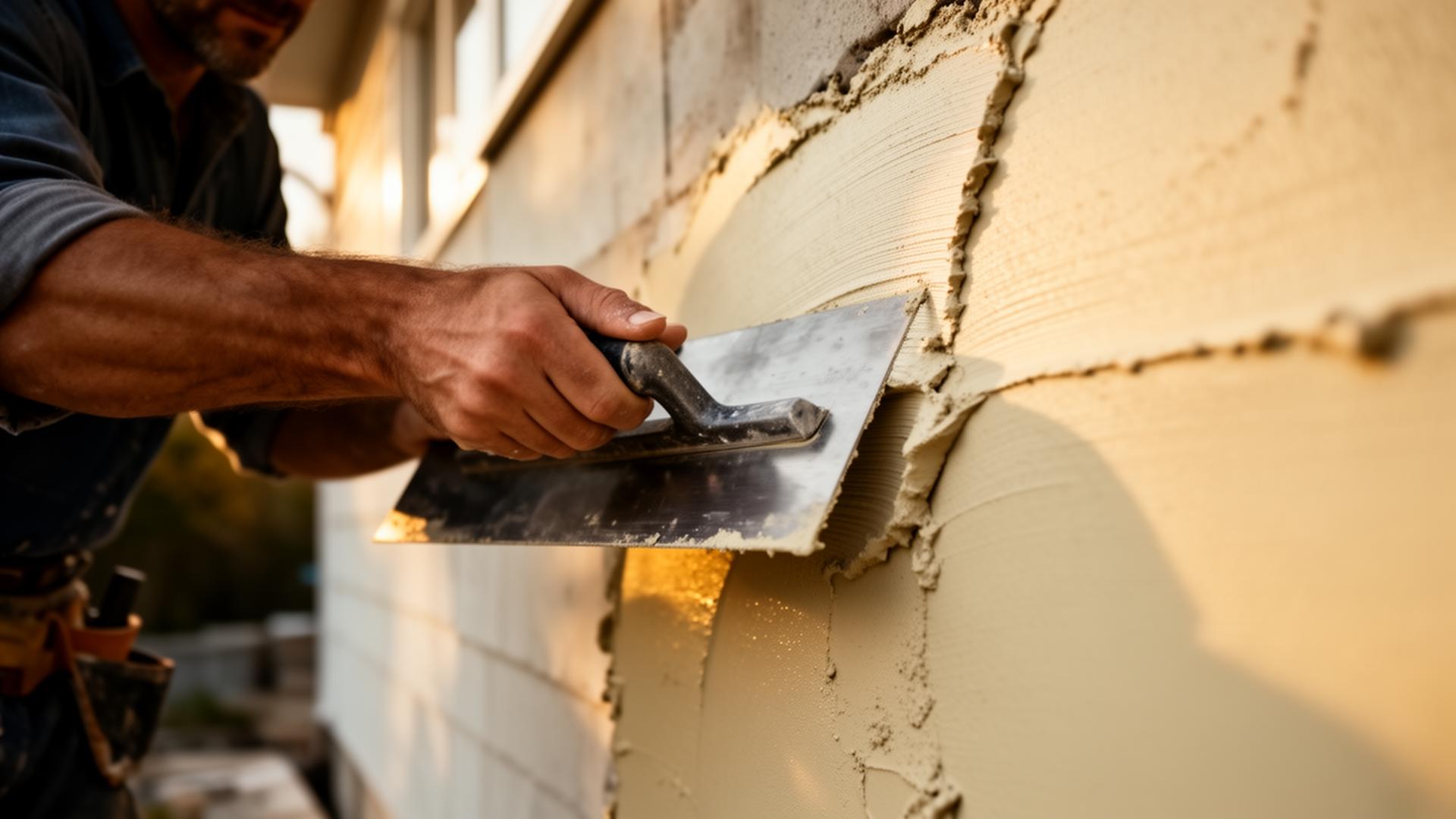 Render specialist applying smooth render to an exterior wall